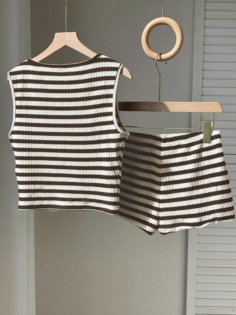 Two-piece Set Women's Striped Pattern  Tank Top & Shorts, Casual Sleeveless Round Neck Top & Shorts for Summer, Ladies Clothes for Daily Wear, Knitted Shorts Set
