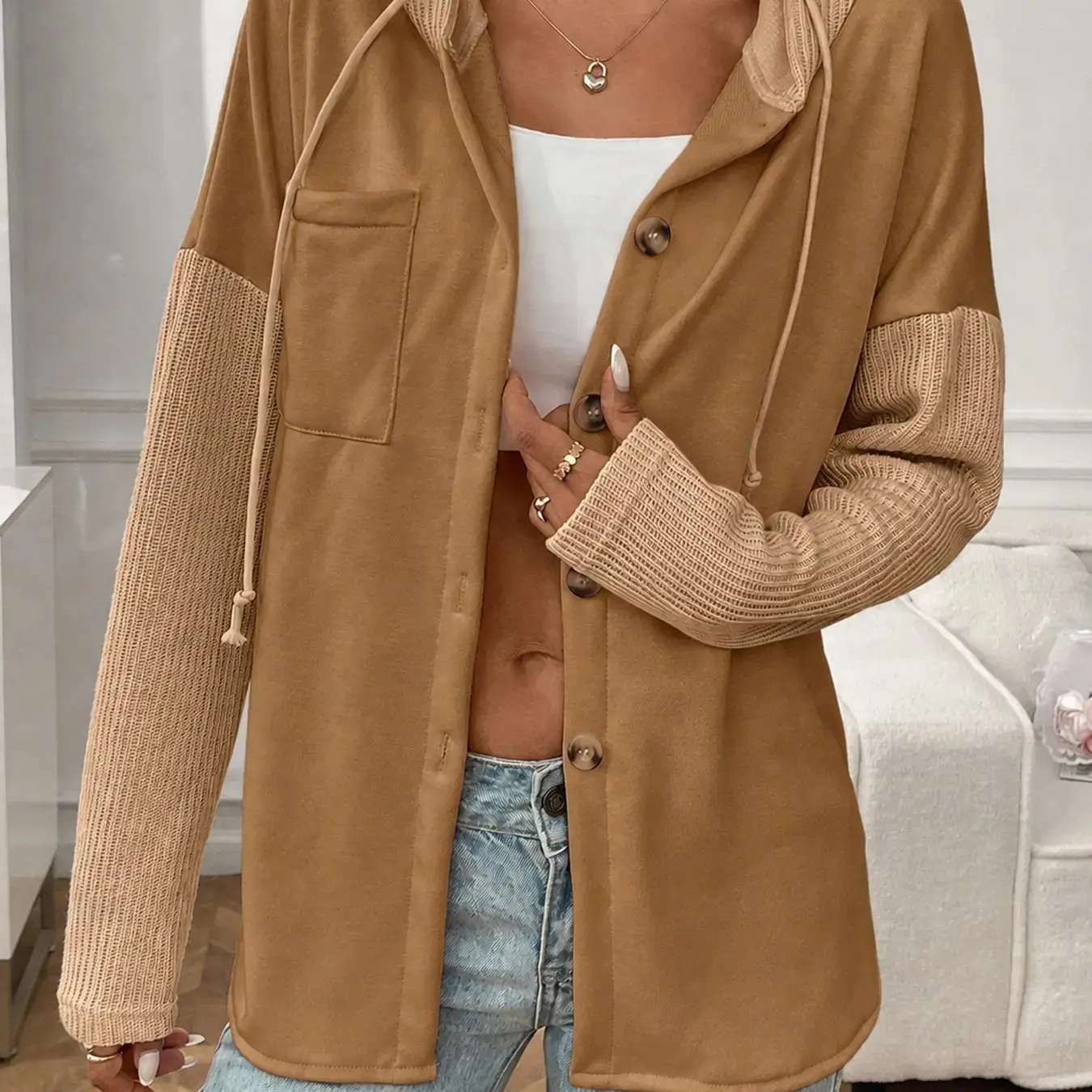 Women's Fall Winter Patchwork Hooded Sweatshirt, Casual Fitted Long Sleeve Outerwear Button, Stylish and Comfortable Clothing for Daily Wear