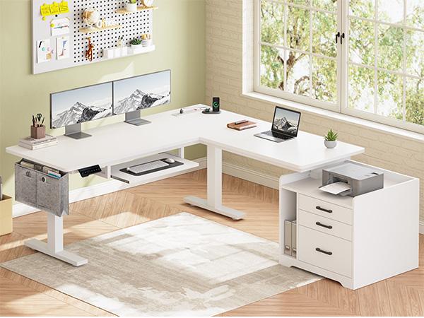 SEDETA 63 Inch Height Adjustable L Shaped Electric Standing Desk Computer Gaming Desk with Led Lights 3 Drawers Power Outlet