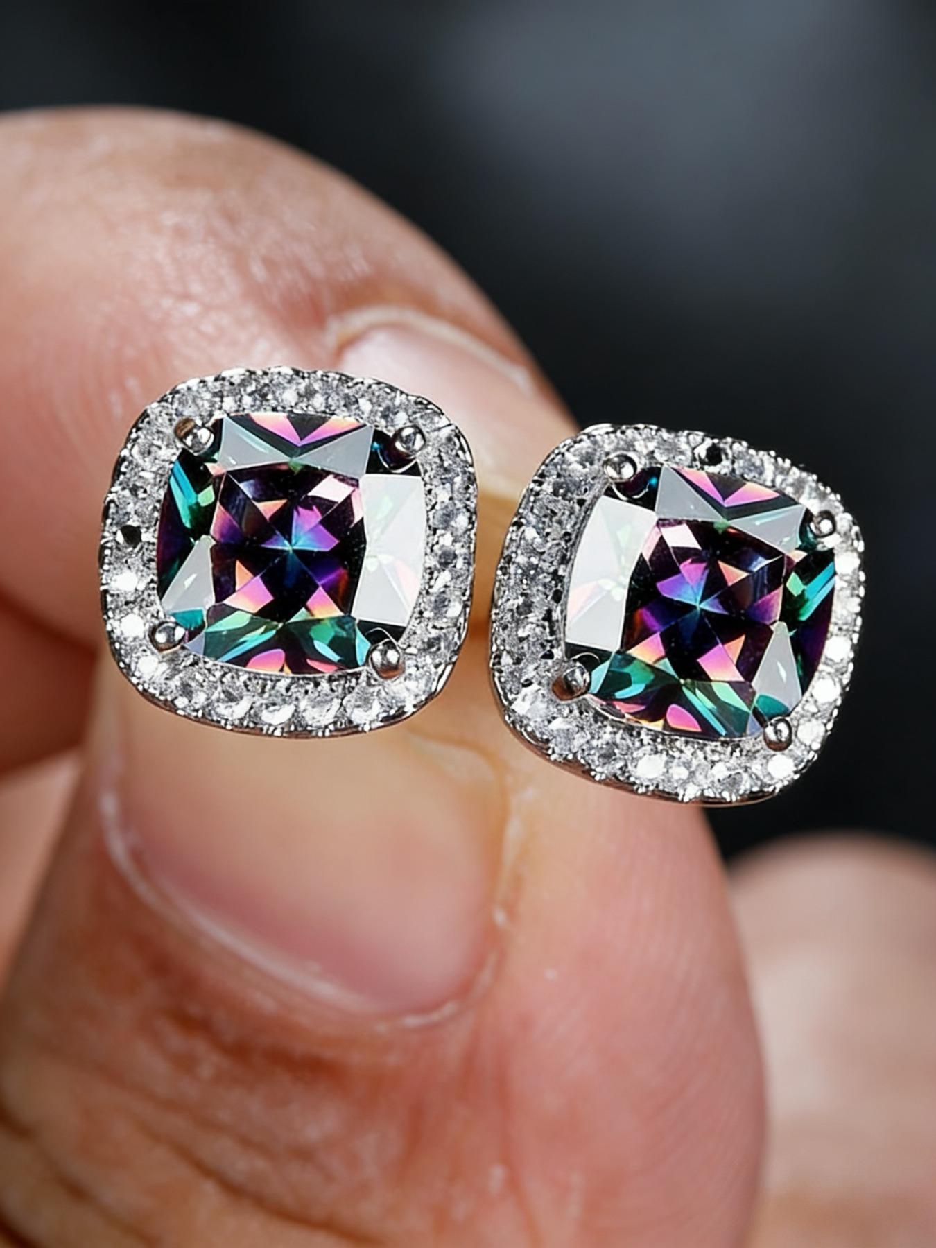 1 Pair Golden Plated Princess Cut Rainbow Stone Stud Earrings Wedding Band Multicolor Earrings Princess Jewelry