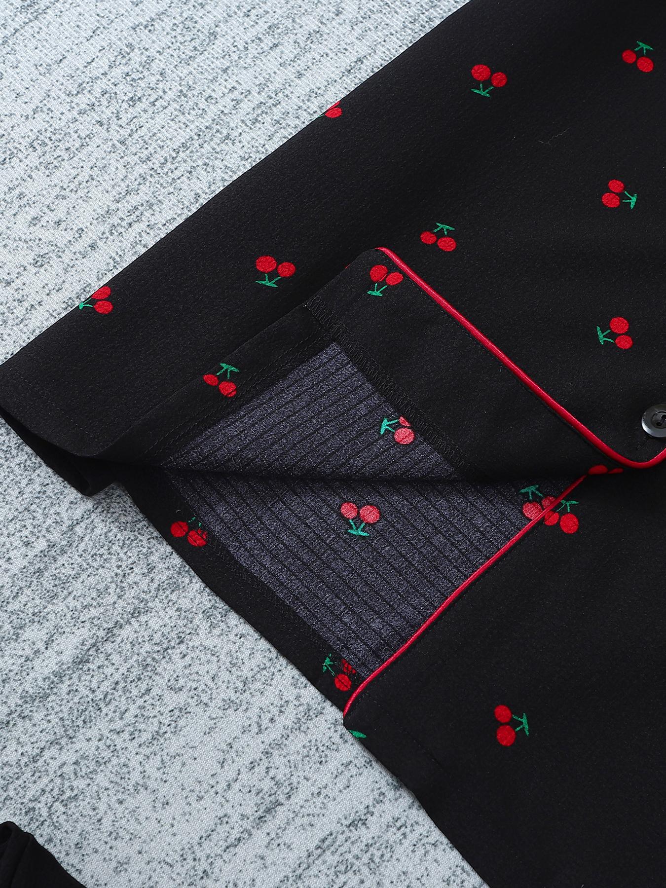 Women's 3-Piece Pajama Set, Cherry Print Button Front Top & Shorts Pants, Comfortable Sleepwear for Ladies, Casual Nightwear