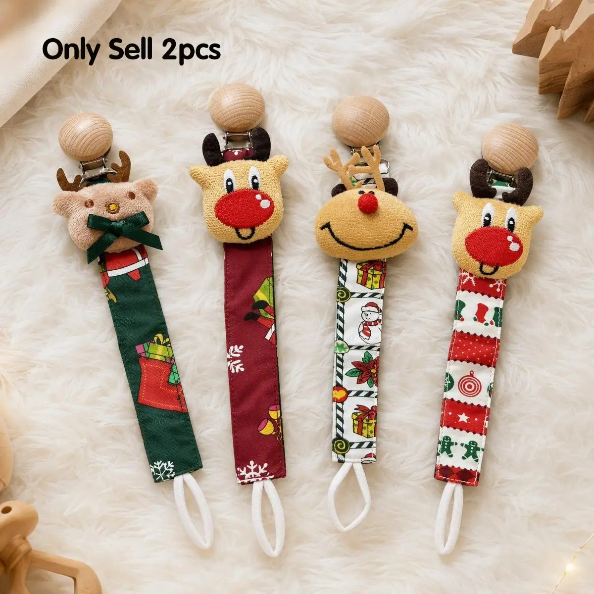 2pcs Christmas Plush Reindeer Clips, Holiday Decorations, Soother Holder Strap, Wooden Dummy Clips, Party and Festival Home Hanging Decorations