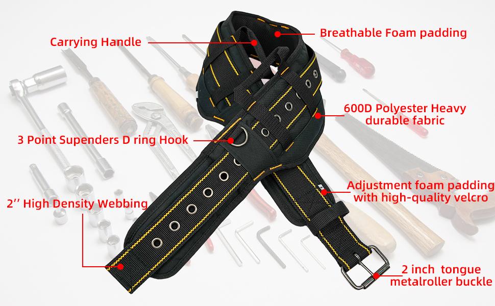 MELOTOUGH Padded Tool Belt with handle strap Construction Work Belt with D ring to hook with Tool Belt Suspenders(Tool Belt Suspenders not Included suspender