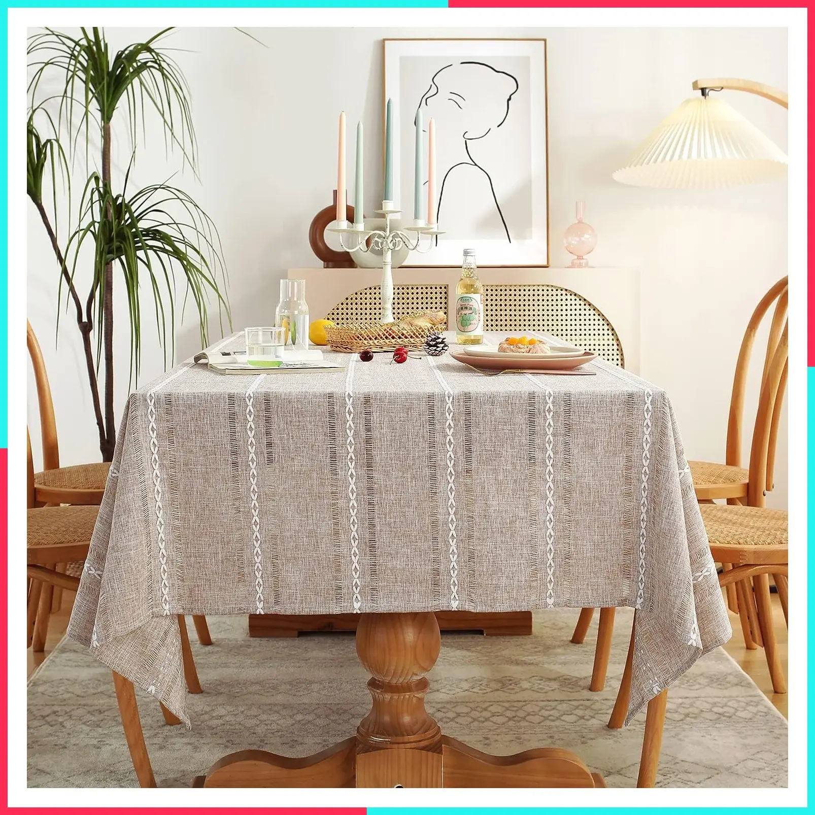 60 x 84 Inch Farmhouse Linen Tablecloth, Wrinkle Resistant Washable Dining Cloth for Rectangle Tables - Hemstitch Light Coffee