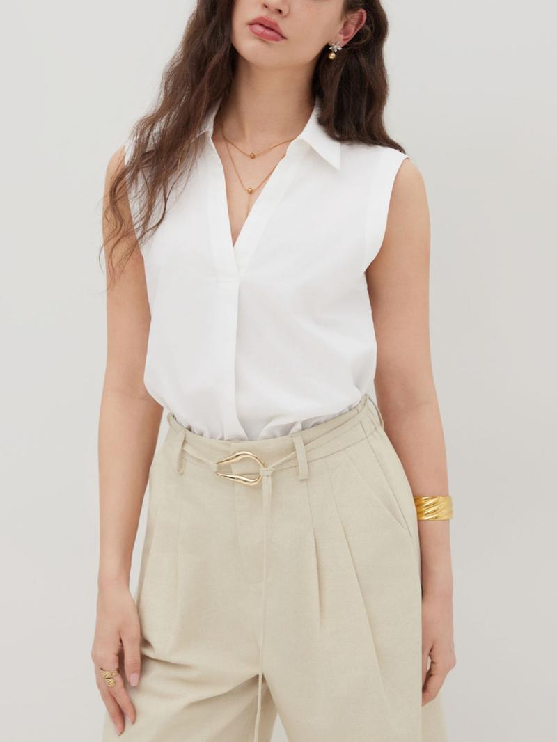 Women's Casual Loose V-Neck Sleeveless Shirt Jumpsuit, Elegant Woven Fabric, Slim Fit, Perfect for Daily Wear