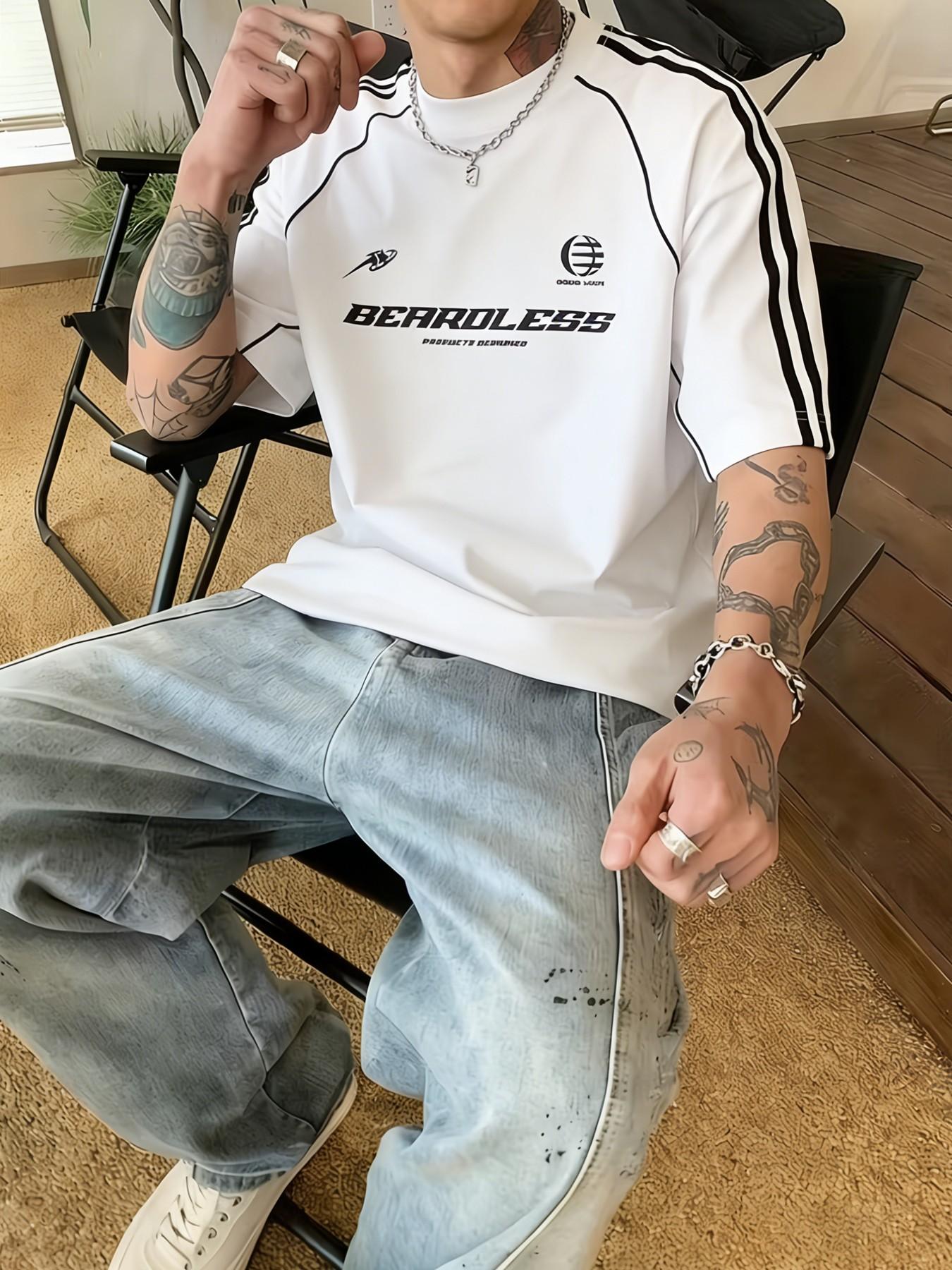 Men's Regular Fit Striped Trim Print Short Sleeve Tee, Casual Comfy Round Neck T-shirt for Summer, Fashion Men's Top for Daily Wear, Tropical