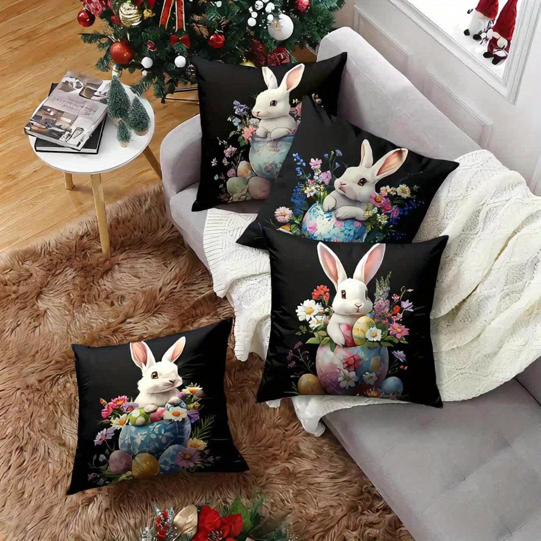 4pcs Soft Easter Throw Pillow Covers Set | Bunny & Egg Designs, Perfect for Sofa, Bed, Office Decor, Contemporary Style, Single-sided Printing, No Pillow Insert