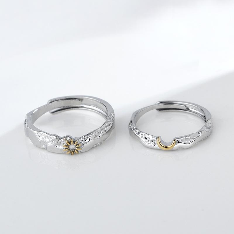 Romantic Silver Sun and Moon Couple Stacking Ring Set, 1-Pair Open Adjustable Daily Index Finger Rings