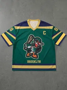 Brooklyn Duck Team Loose Hockey Jersey, Cartoon Duck Logo, Breathable Mesh Fabric, Breathable Athletic Top, Vintage Style, Stylish Jersey, Casual Daily Wear, Sport Outdoor Clothing