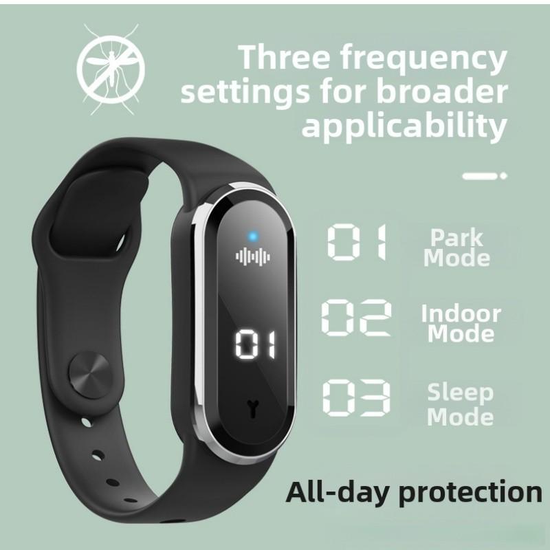 Ultrasonic mosquito repellent wristband, chemical-free bite-prevention device, with three adjustable modes, equipped with digital light display, suitable for outdoor activities, nighttime use and household use. With running count function