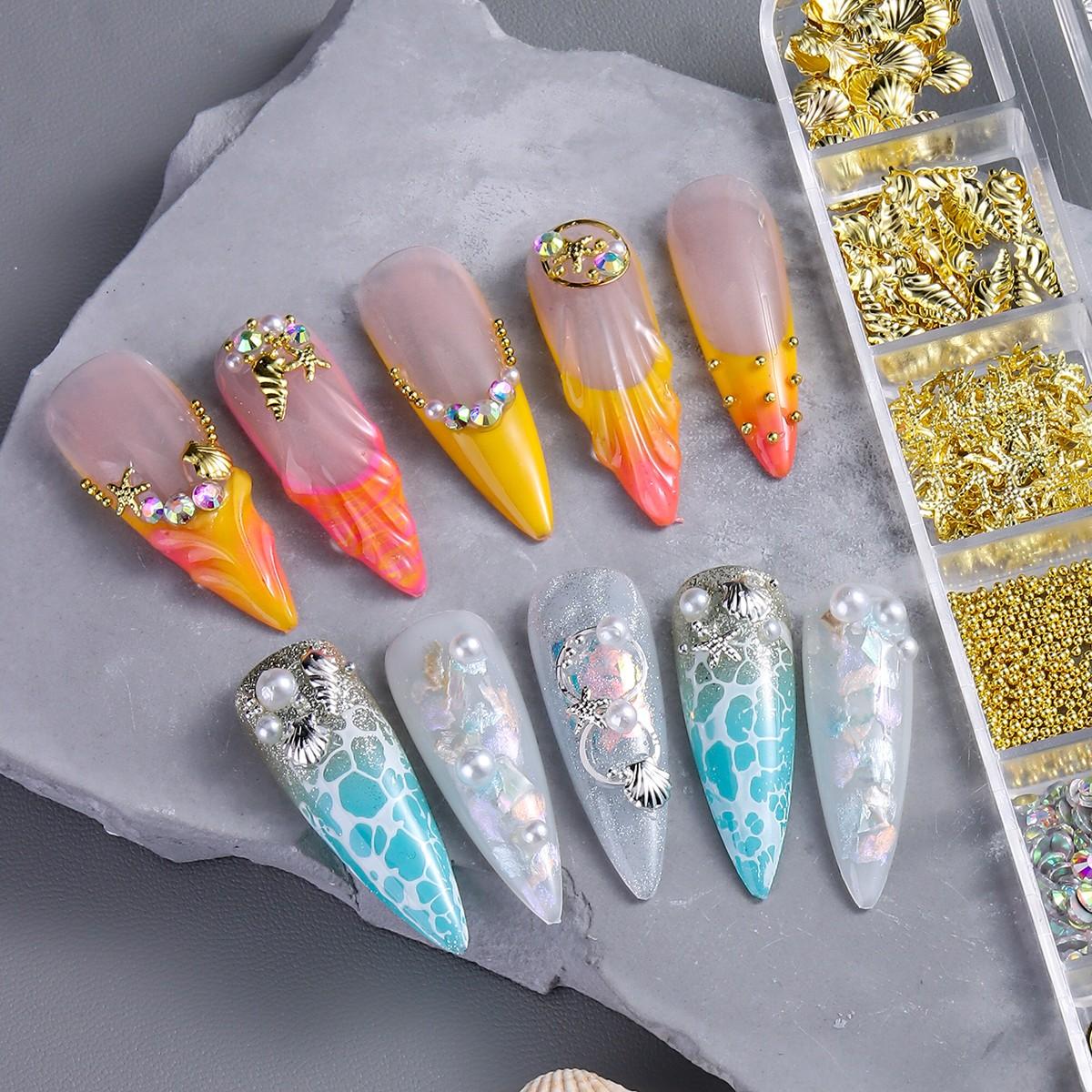 Summer Beach Style Nail Art Accessories, 3D Metal Rivets, Starfish, Shell, Seashell Shapes, Pearl, Caviar Beads, DIY Nail Decoration