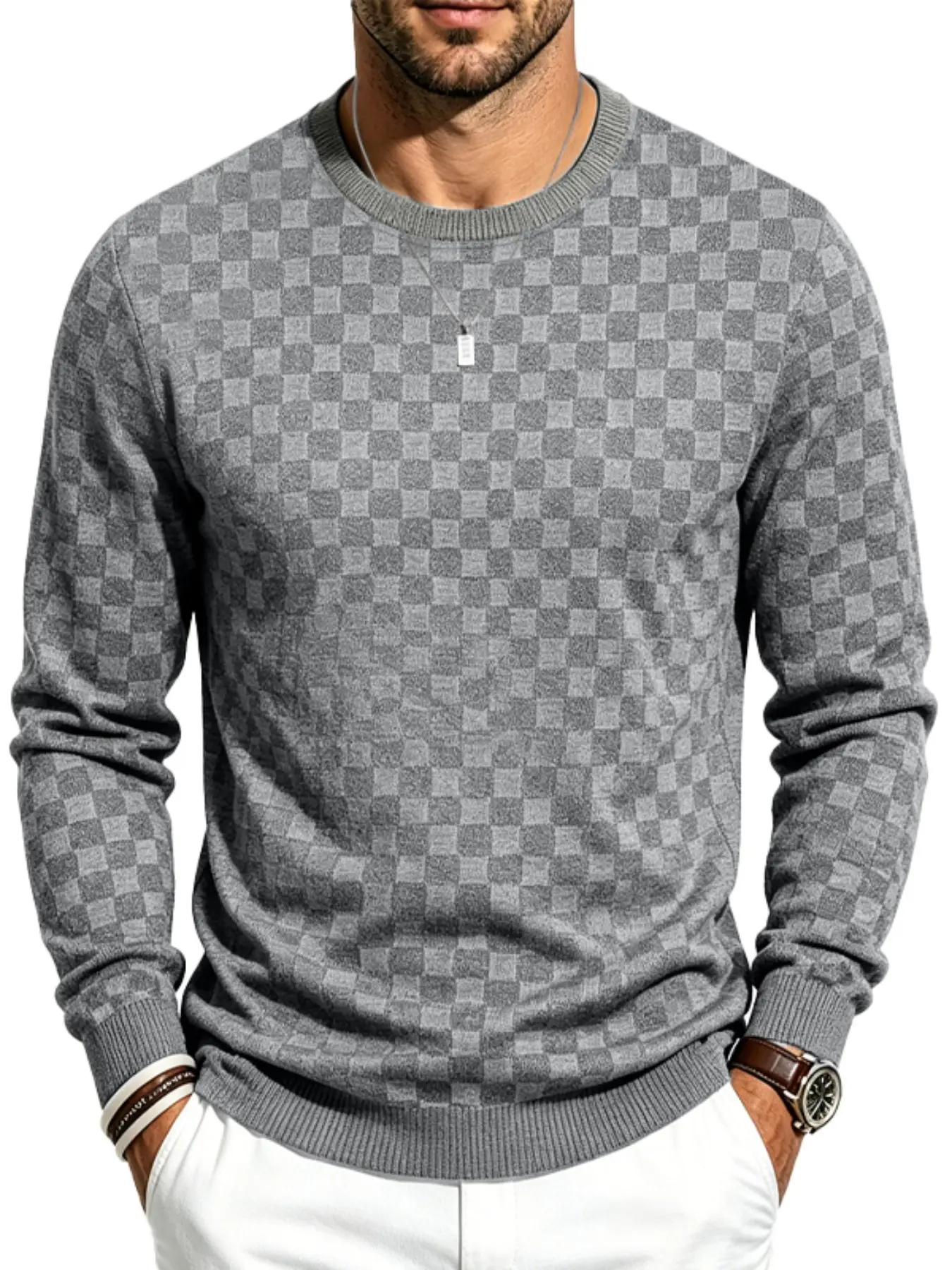 Men's Plaid Knitted Sweatshirt, Crewneck Textured Grid Pattern Long Sleeve, Soft Lightweight Casual Top, Minimalist Solid Color, Fall Winter Streetwear Knitwear