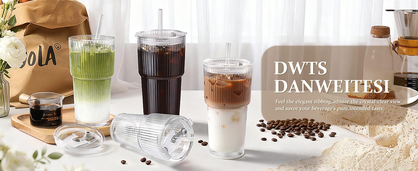 Iced Coffee Cups with Lids: Coffee Bar Accessories - Ribbed Glass Tumbler with Straw and Lid 4Pcs - 20oz Leak Proof Tumbler - Reusable Glass Cups and Tumblers with Lid and Straws for To Go Iced Coffee