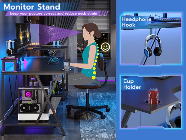sedeta Gaming Table 70.8 in. with LED Lights and Storage Shelf Computer Table with Monitor Stand, Power Outlet and Cup Holder Ergonomic Table