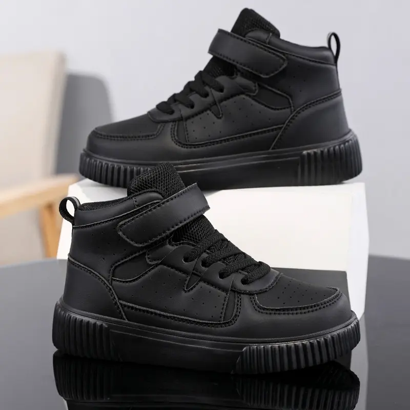 New Kids High Top Sneakers, PU Upper, Thick Sole Support, Campus Daily Wear, Casual Shoes, Sporty Style, Medium Width