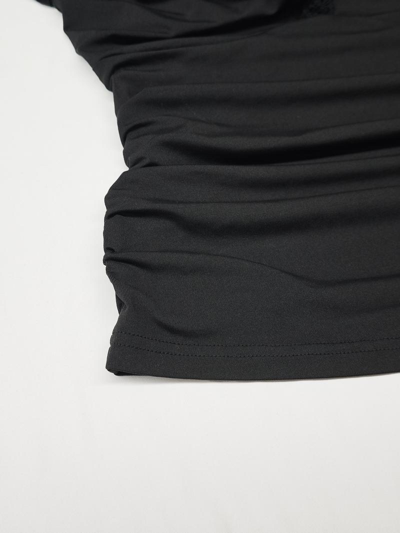 Women's Spring Autumn Fashion Knit Lace Trim Long Sleeve Top, V Neck Slim Fit Ruched Elastic Elegant Casual T-Shirt