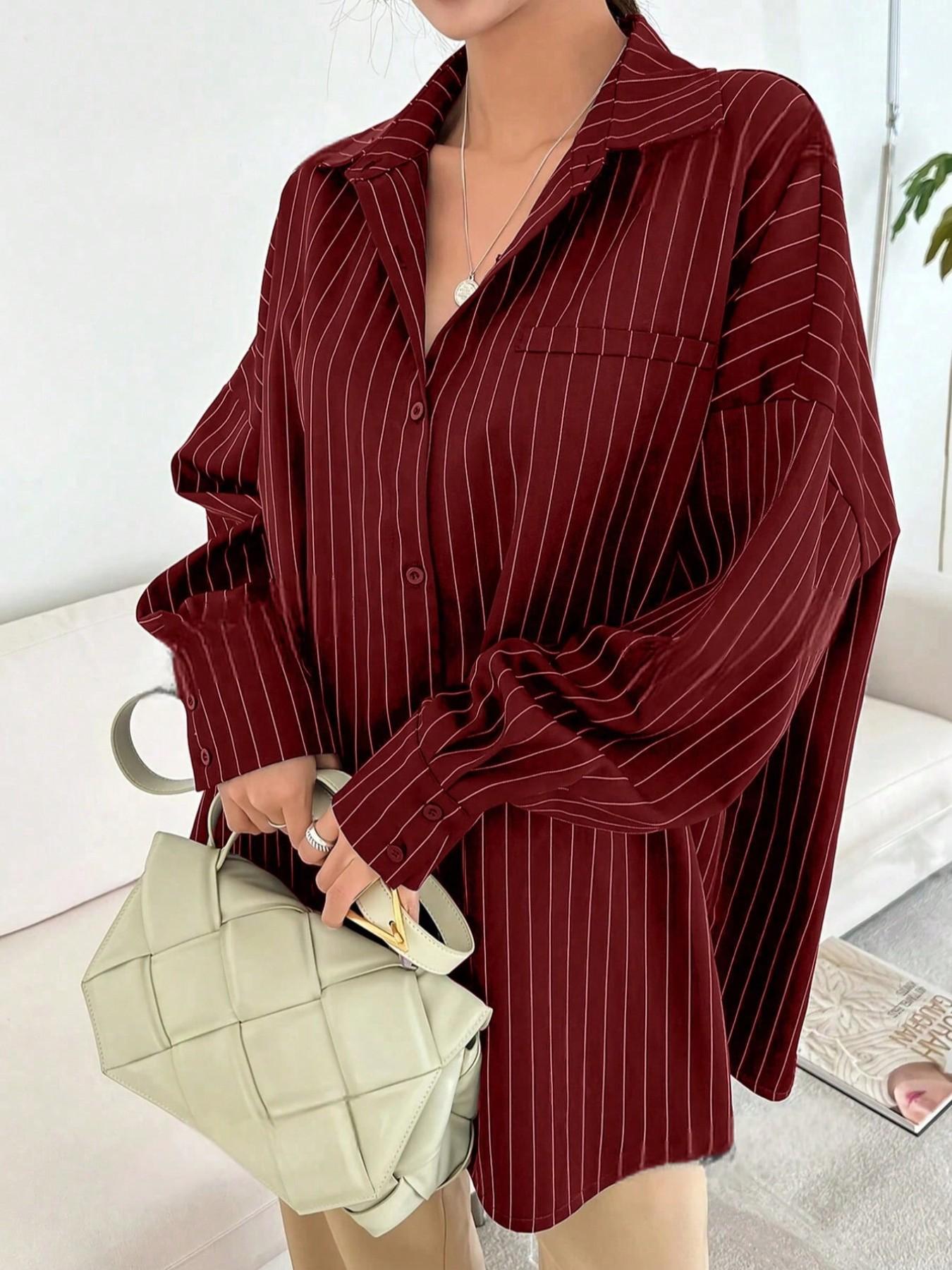 Women's Vertical Striped Drop Shoulder Long Sleeve Button Shirt, Casual Breathable Comfortable Loose Blouse, Fall Fashion Top