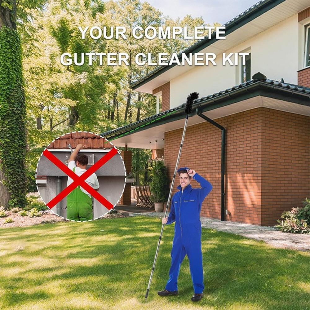 Long 3.7m/12ft Rain Gutter Cleaning Tool Set, Easily Remove Roof Leaves & Debris, Includes 8 Stainless Steel Pipes & Brush Head