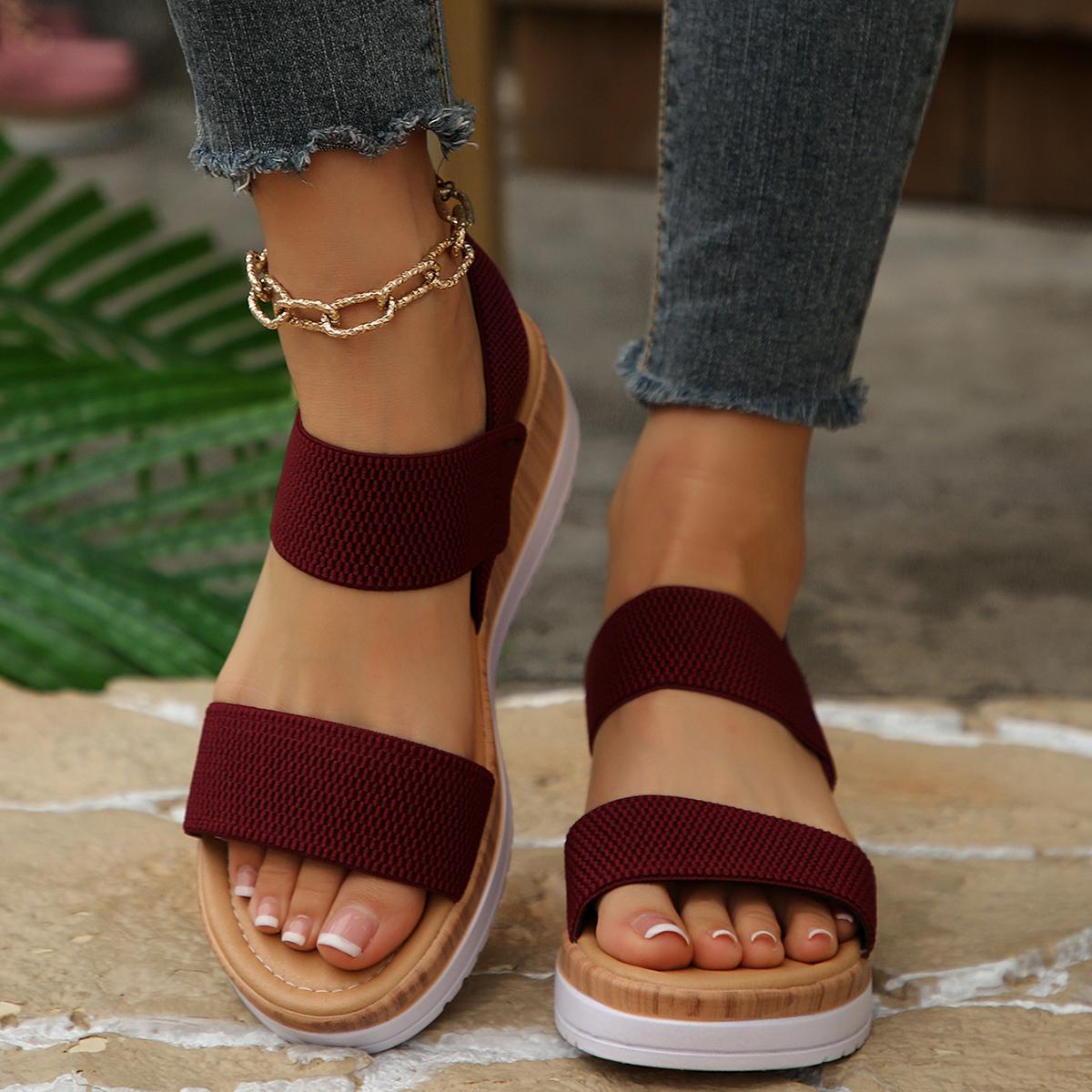 Minimalist Stretchy Strap Slingback Wedge Sandals, Layer Platform Everyday Summer Footwear for Women, Strappy Wedge Sandals