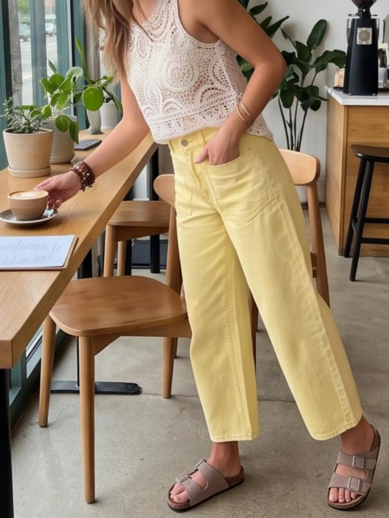 Women's Casual Elegant High Waist Wide Leg Seven-Eighths Jeans, Fashion Rhombus Pockets, Perfect for Daily Wear, Stylish Denim Trousers