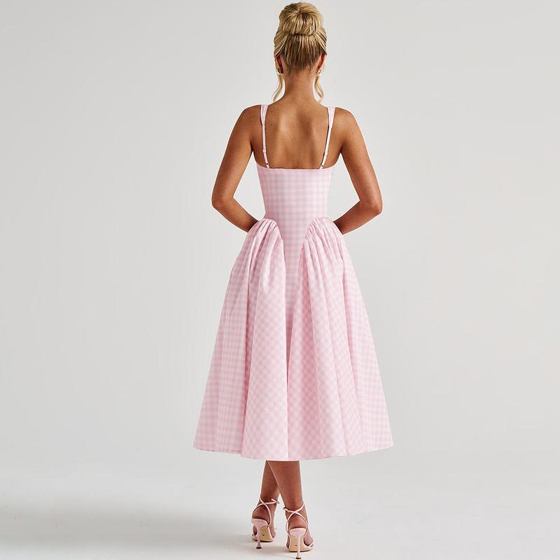 Plaid A-Line Midi Dress for Women's Summer Outfit Adjustable Strap Bodycon Top Flared Hem Casual Elegant Beach Holiday Party Club Dating Dresses
