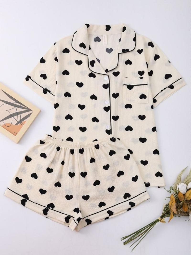 Women's Heart Print Lapel Neck Top & Elastic Waist Shorts Pyjama Two-piece Set, Casual Comfy Short Sleeve Top & Shorts PJ Set, Ladies Sleepwear Loungewear for All Seasons