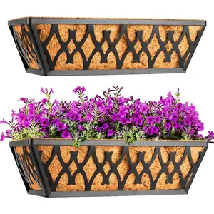 2 Pack 16 Inch Window Boxes Planters Railing Planter Box with Coco Liners Deck Railing Planter Boxes Balcony Hanging Flower Box for Outdoor Plants Garden Decor