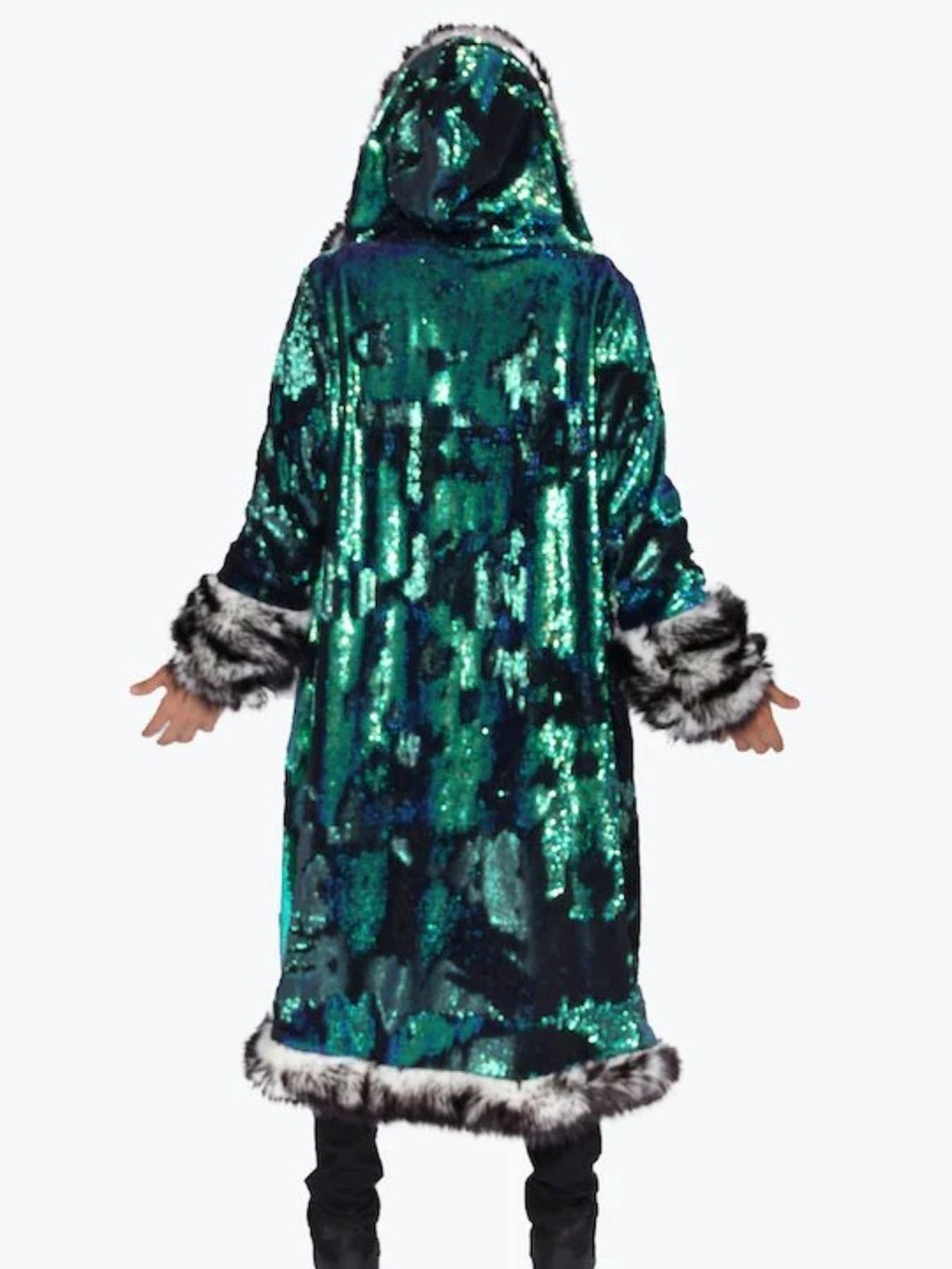 Men's LED Glow Hooded Jacket, Faux Fur Style, Colorful Light Strips, Plush Trim, Sequins, Festival Party Night Outwear