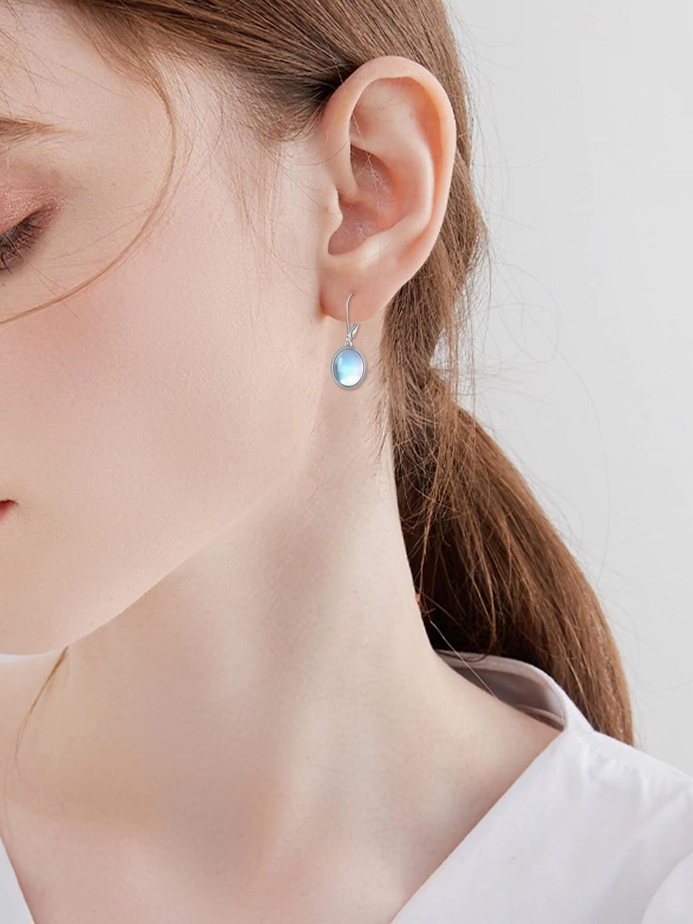 Women's 925 Silver Vintage Bohemian Oval Moonstone Dangle Earrings, Hypoallergenic Fashion Jewelry, Perfect for Daily Wear and Gifts
