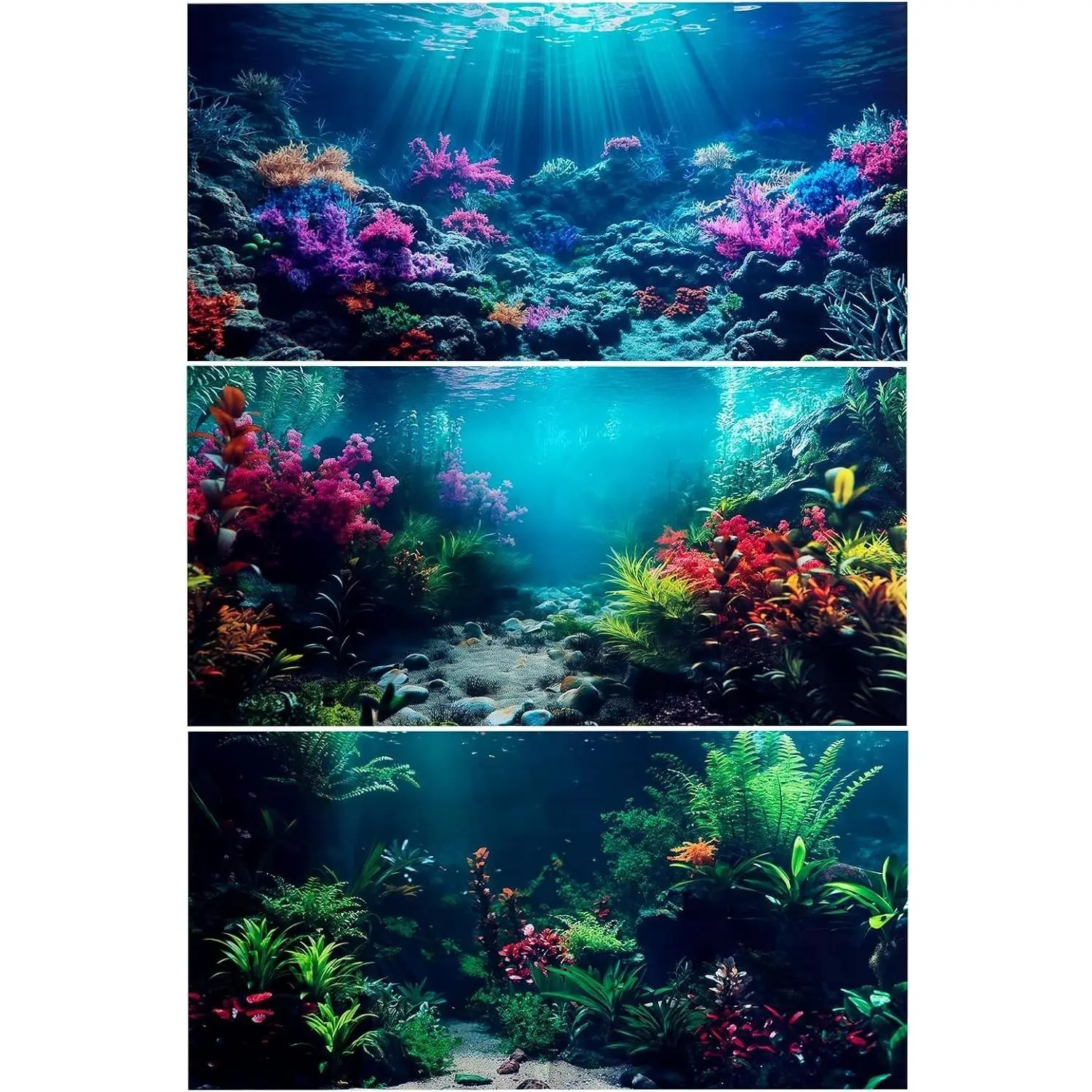 3 Pack Aquarium Background, 24x12 Inch Polyester Cloth Fish Tank Background, Undersea Corals Sunshine & Rock Aquatic PlantsGift