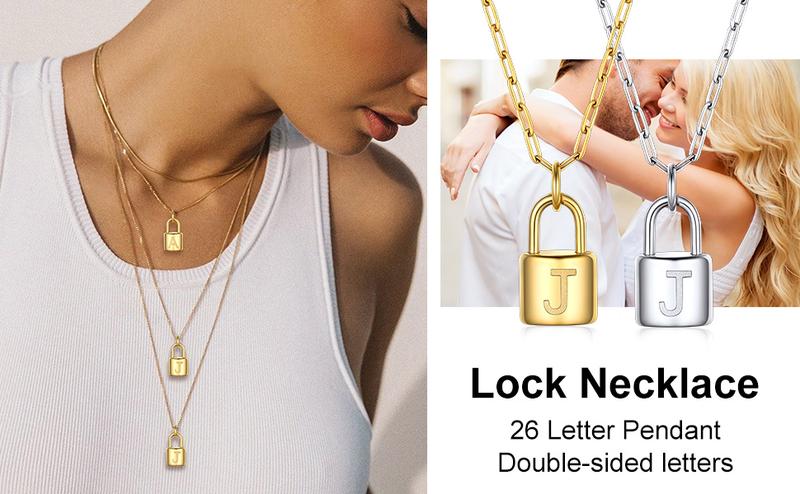 FindChic Dainty Initial Lock Necklaces 26 Letters A-Z Golden Two-layers Padlock Pendant Paperclip Chain Necklace Set For Women Men