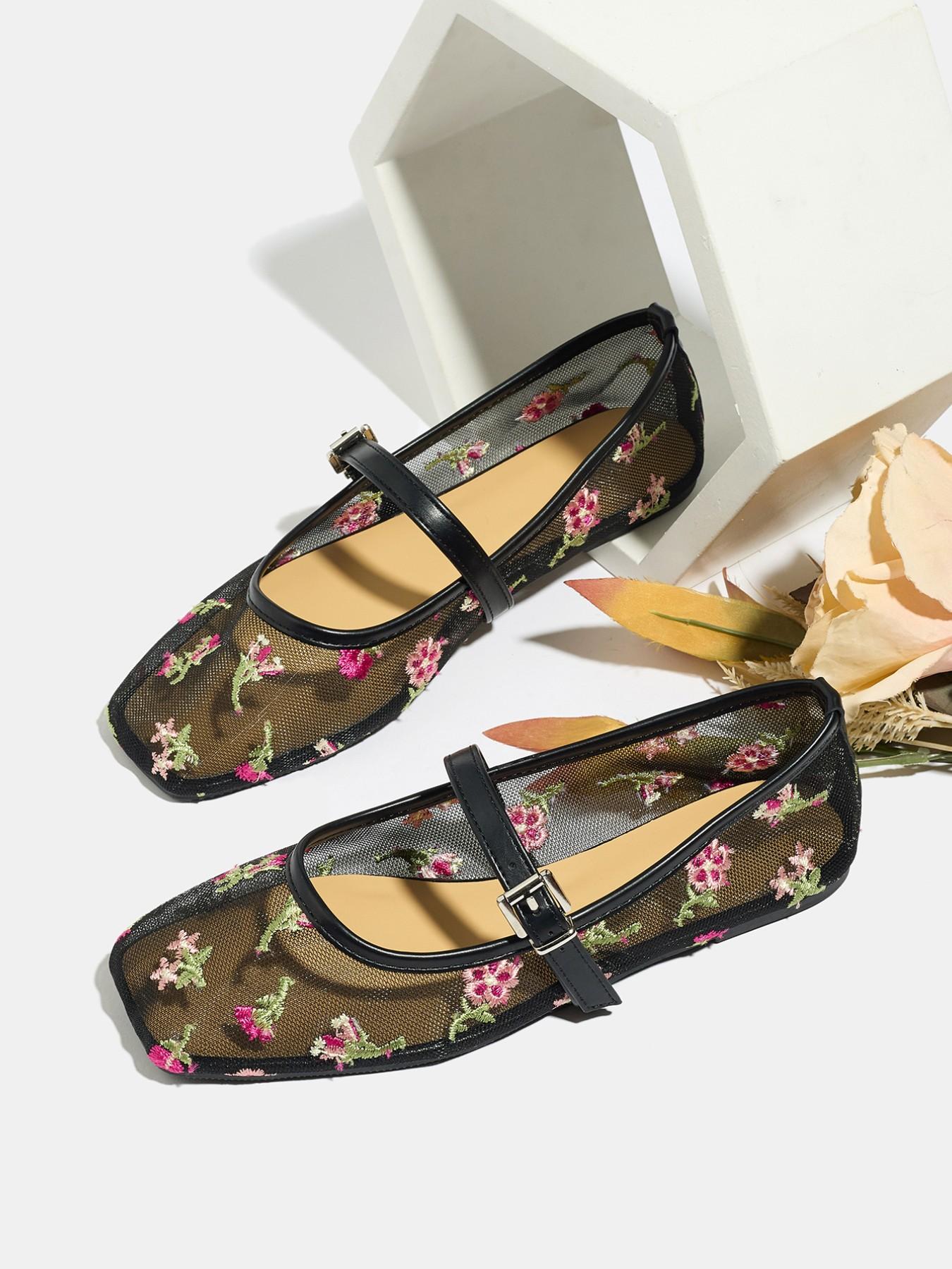 Women's Mary Jane Shoes Summer 2026, Breathable Mesh Low Heel Ballet Flats, Square Toe Casual Outdoor Dance Shoes