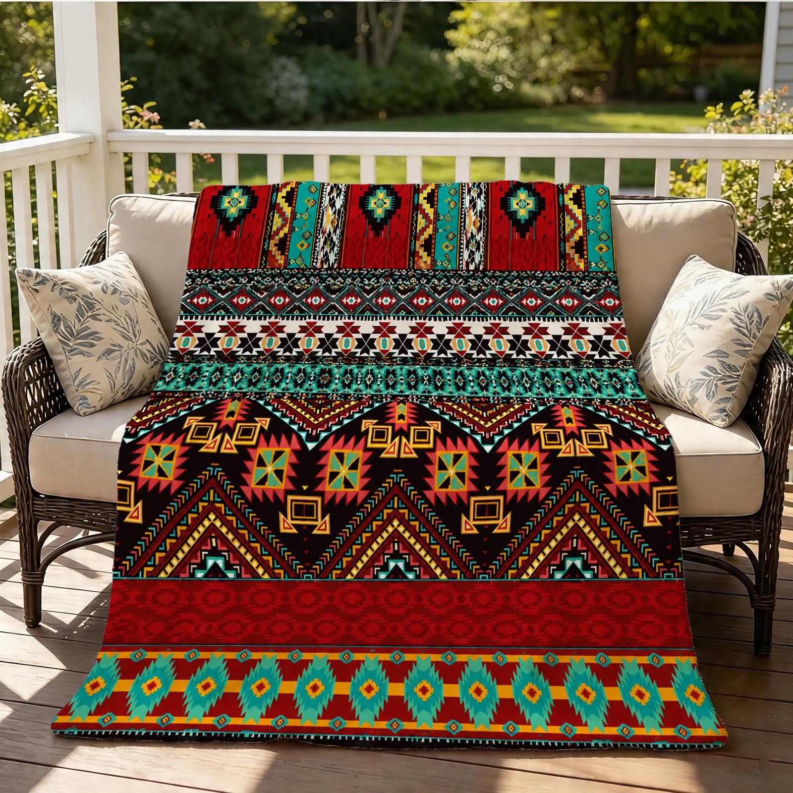 Bohemian Style Flannel Blanket, Single-Side HD Print, Tribal Geometric Style, Soft and Lightweight, Multi-Purpose for Napping, Camping, Picnic and Home Decor, Suitable for Teens and Adults