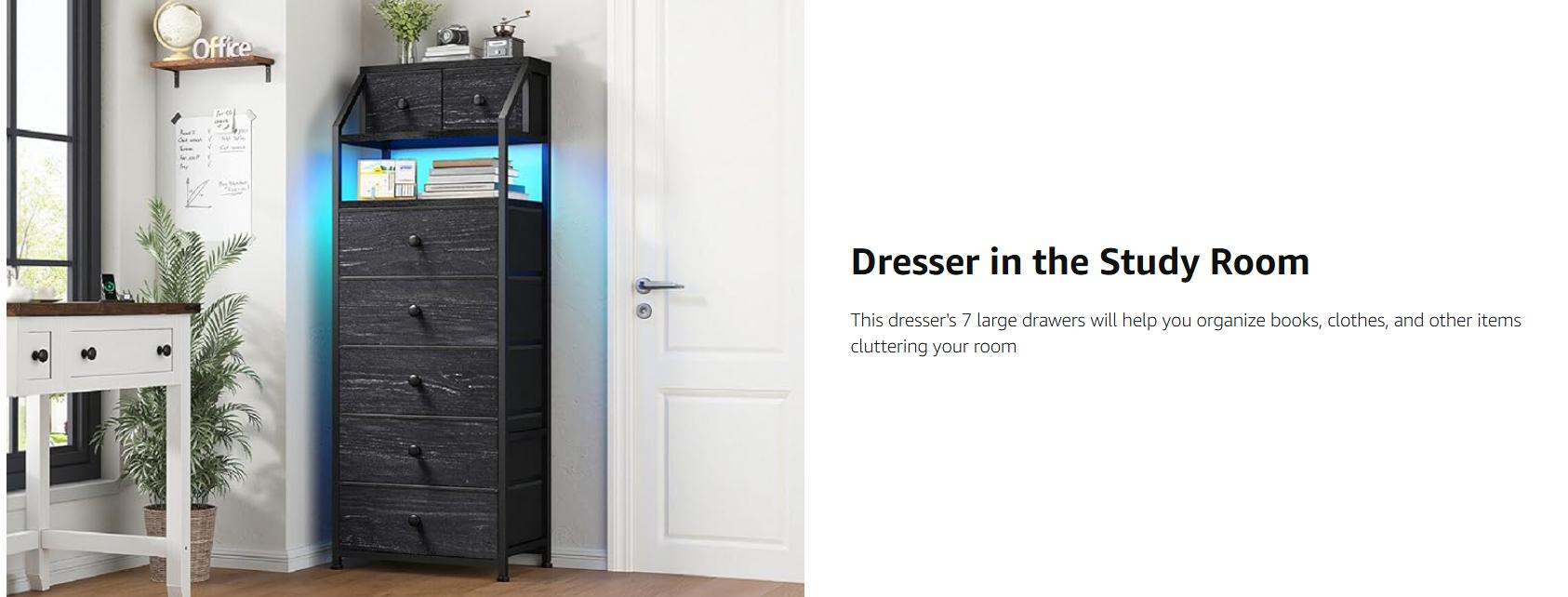 Raybee 51.2" H 7 Drawer Smart LED Dresser & Nightstand Combo, Stylish Storage Chest, Open Wood Shelf, Fabric Bins, Metal Frame, Modern Storage Organizer Set with Ambient Lighting, for Living Room, Bedroom, Closet