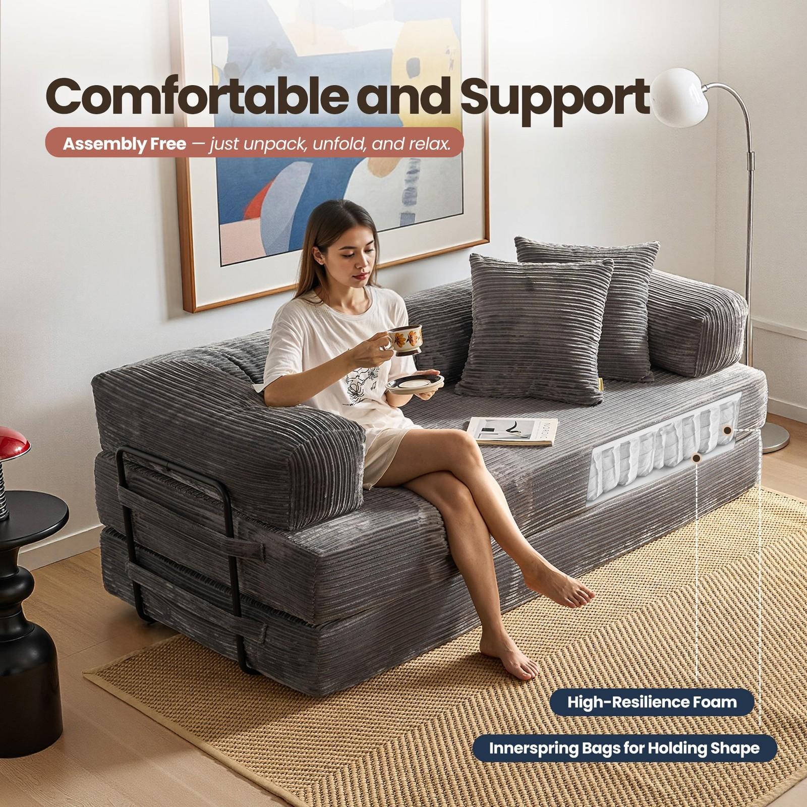 80'' Oversized Boneless Couch, 5-in-1 Convertible Sleeper Futon Sofa Bed with 2 Pillows, Deep Seat Corduroy Floor Sofa for Small Spaces, Foldable Modular Pull Out Couch for Guest Bed & Kids Play Area, No Assembly