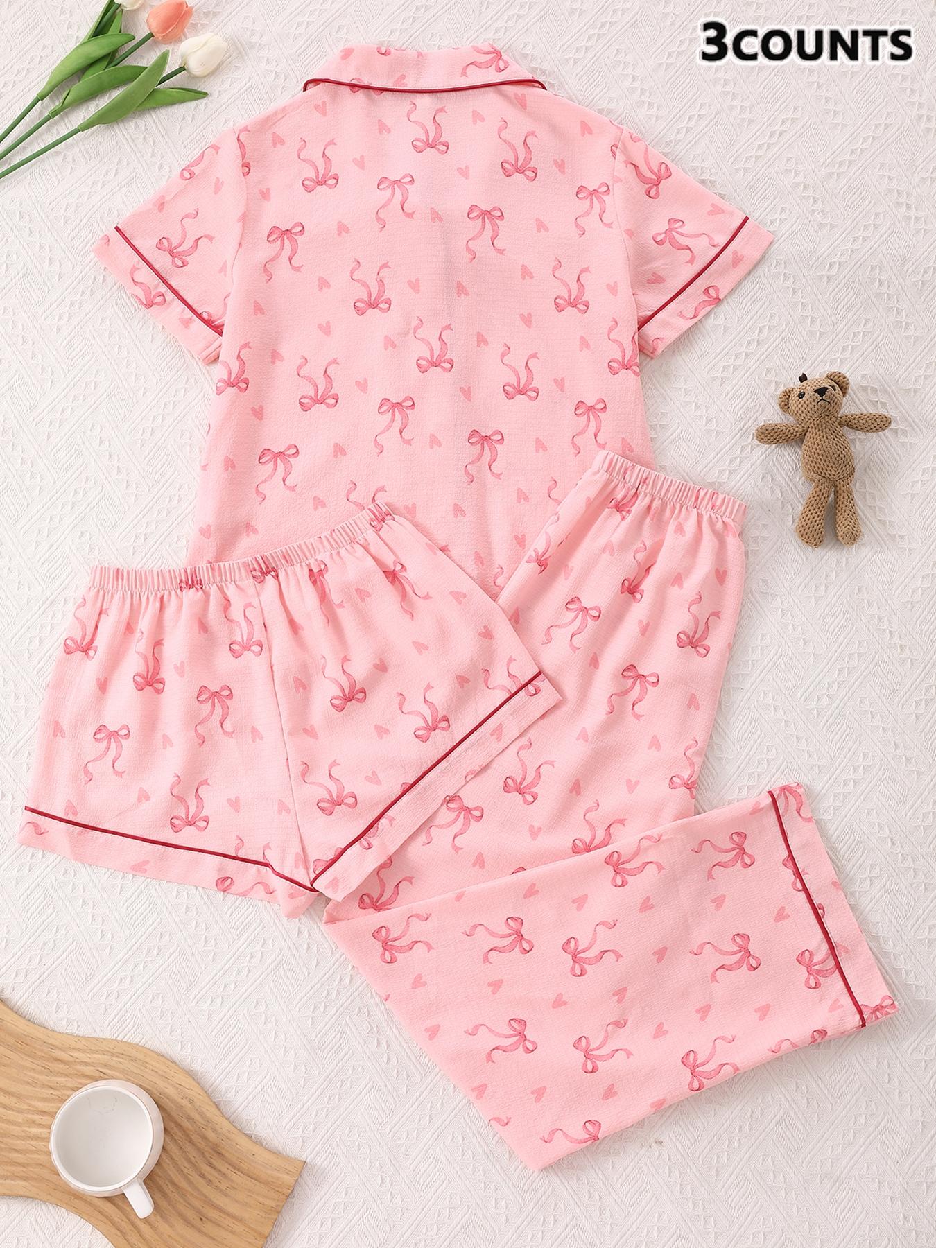 Women's 3-Piece Pajama Set, Cherry Print Button Front Top & Shorts Pants, Comfortable Sleepwear for Ladies, Casual Nightwear