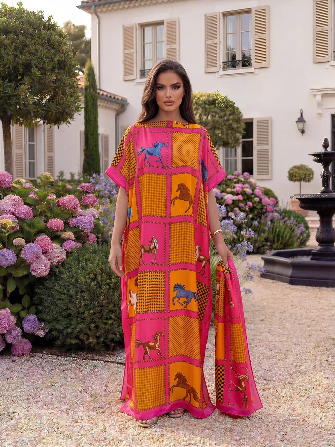 Women's Luxury Equestrian Style Silk Robe Set, Long Cape Dress + Scarf Headband, Beach Outdoor Sun Protection, All Seasons Chic Fashion