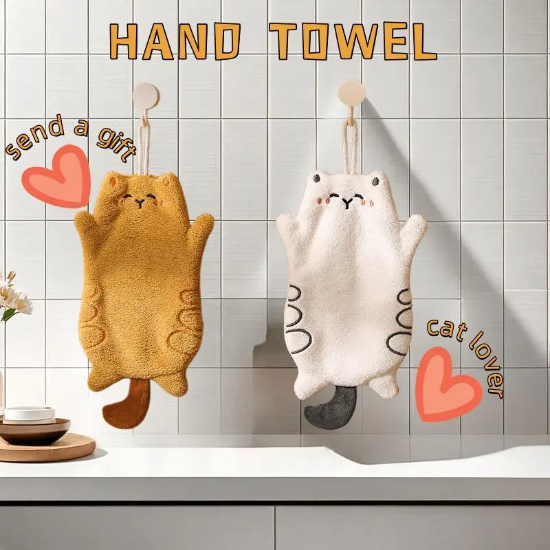 2Pcs Coral Fleece Cat Shaped Hand Towels, Highly Absorbent Non-Shedding Hangable Towels, Orange & White, for Kitchen Bathroom, Cat Lover Gift