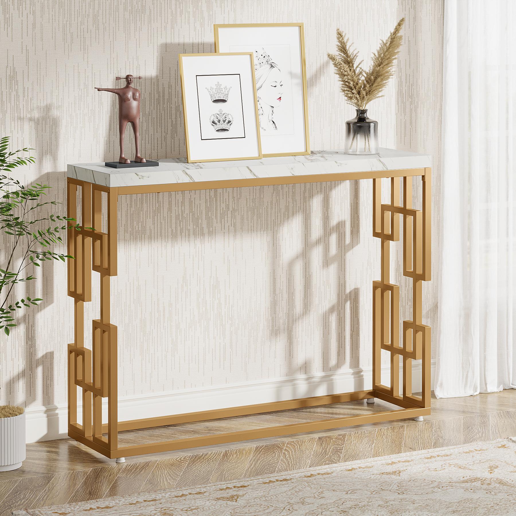 LITTLE TREE Gold Console Table, Modern 42.5" Sofa Tables Entryway Hallway Foyer Table, White Faux Marble Tabletop Sofa Table Behind Couch with Gold Metal Legs for Living Room, Easy Assembly