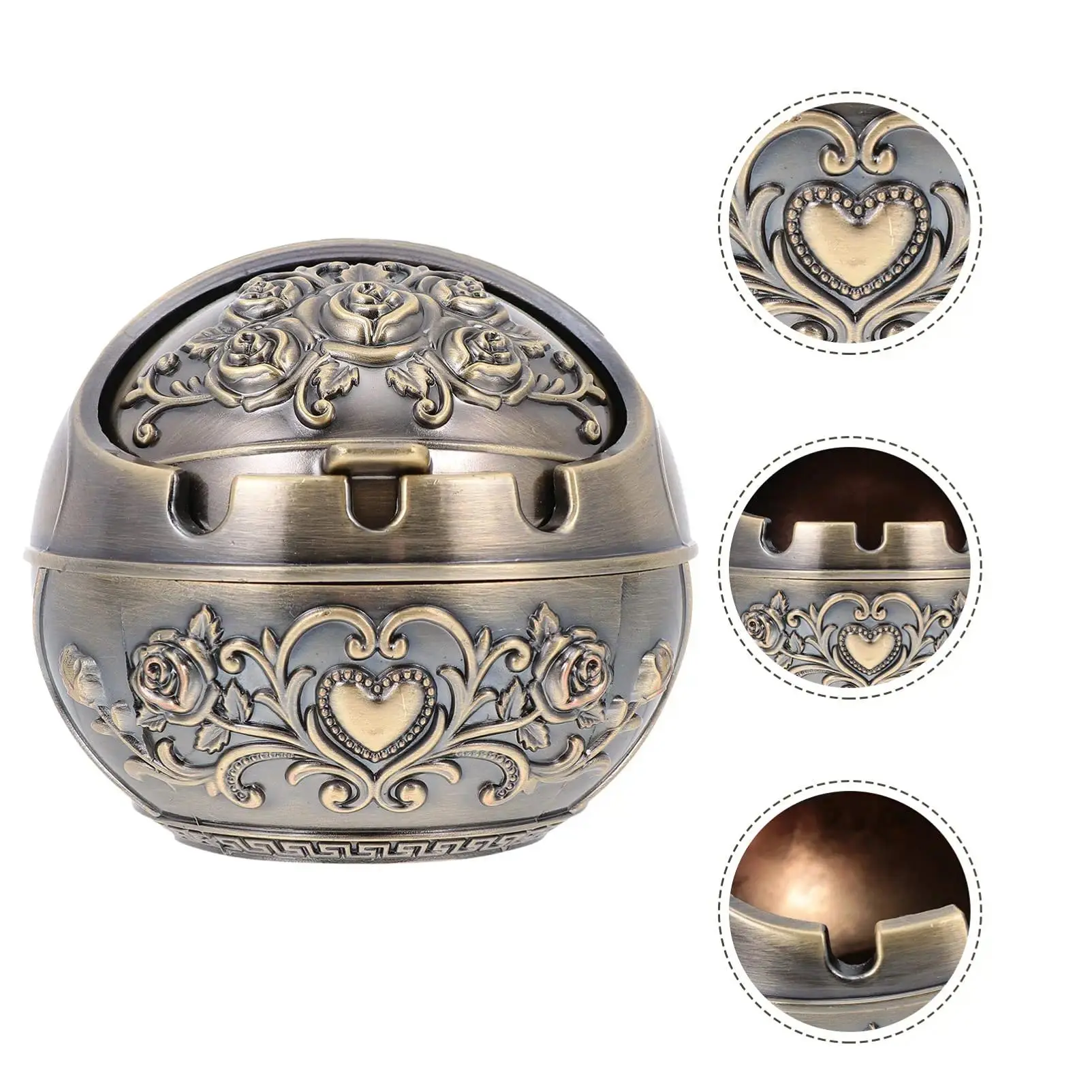 Vintage carved lidded ashtray decorated with delicate rose embossment. The sealed lid prevents dust and odor spread. Suitable for display in living room, study, office and patio, high-quality collectible home decorative craft.