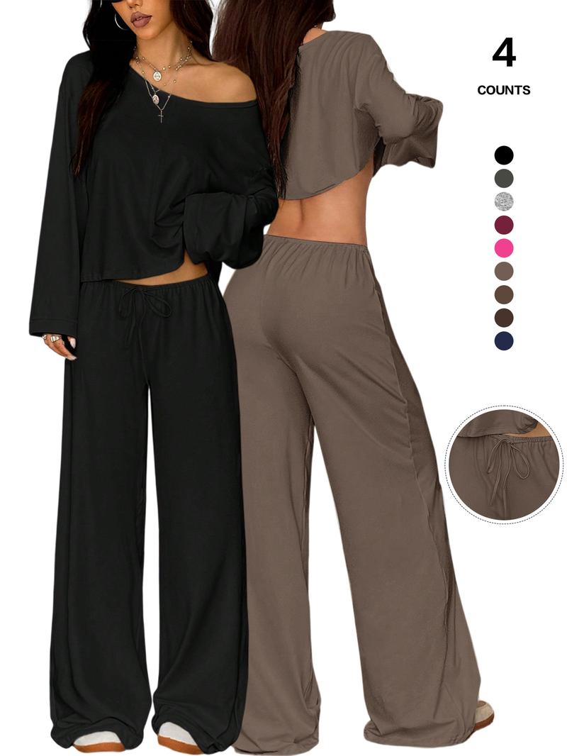 Women's 2 Piece Matching Lounge Set Off The Shoulder Long Sleeve Top and Drawstring Wide Leg Pants Casual Sweatsuit