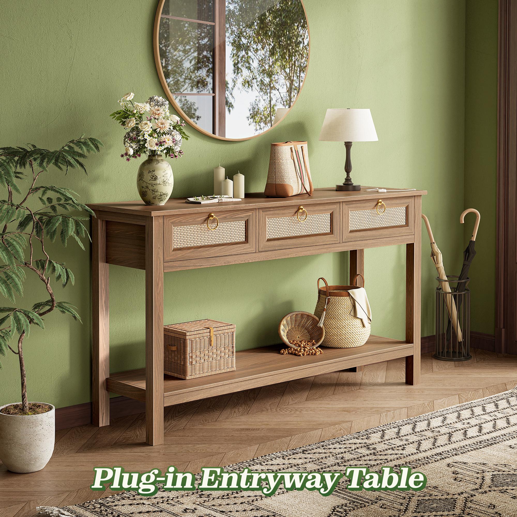 SUPERJARE Rattan Console Sofa Table with Outlets and USB-C Port, 3 Drawer Entryway Table with Synthetic Rattan Surface, Open Shelf, Behind Couch Entry Foyer Hallway Storage