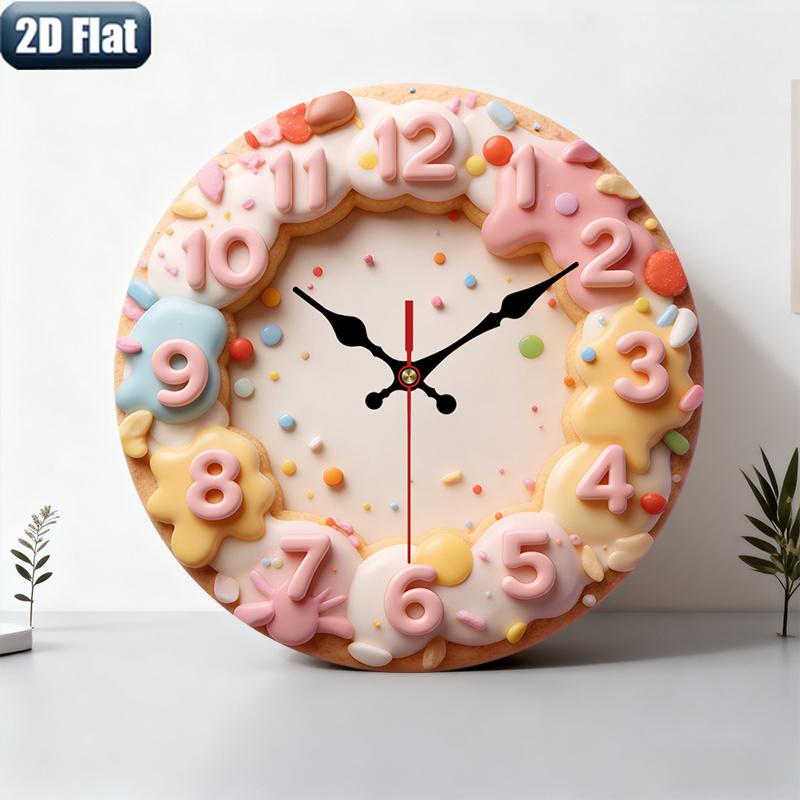2D flat design. 1 piece set. Sweet Donut Cookie Creative Wall Clock, Silent Decorative Wall Clock, Creative Wall Clock, Suitable for Bedroom, Living Room, Office Decoration, 25/30 cm (excluding AA batteries), 2D Flat Version