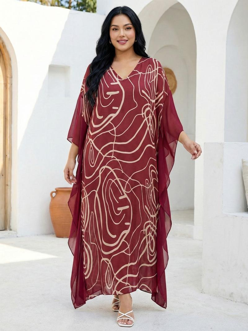 EDOLYNSA Kaftan Dresses for Women printing Moo Moo Dress cozy beach wear vacation Boho Chiffon ruffle edge bathing suit cover up muumuu caftan Boho Casual Kaftan daily wear Q1877