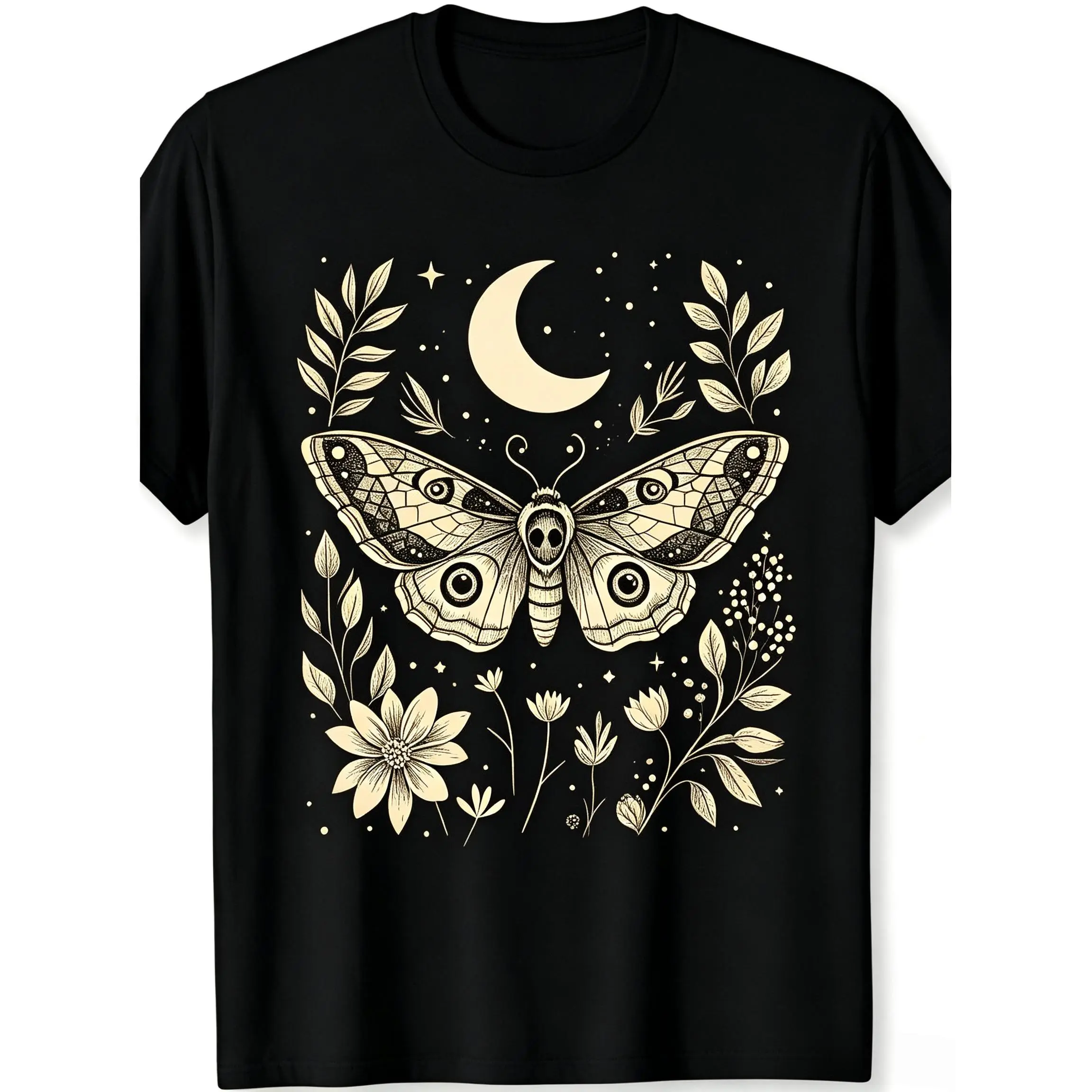 Women's Cotton Short-Sleeve Gothic Death Head Moth Crescent Moon Wildflower Graphic T-Shirt - Comfortable Dark Academia Witchy Style Casual Tops