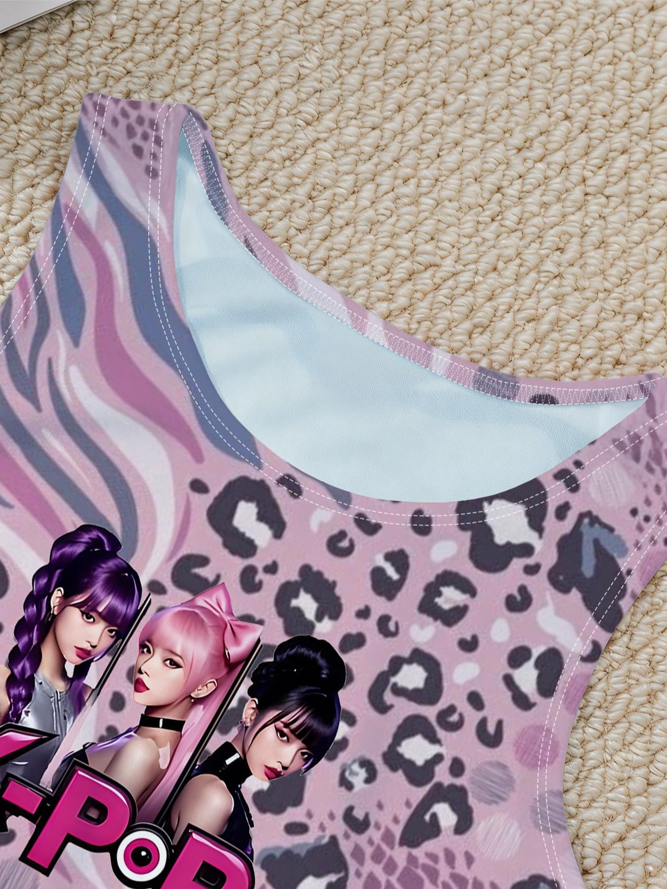 K-POP Girls Leopard Print Yoga Set, 3D Pink Leopard Girl Group Sleeveless Tank Top + Yoga Shorts Print, Comfortable Quick Dry Activewear, Suitable for Dance Sports Daily Wear