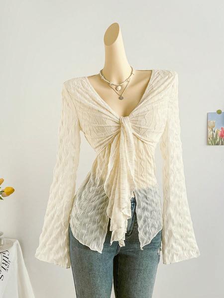 Women's Cute Sexy Button Tie Lace Top, Summer Woven Thin Fabric Loose Fit Blouse, Casual Fashionable Ladies' Clothing