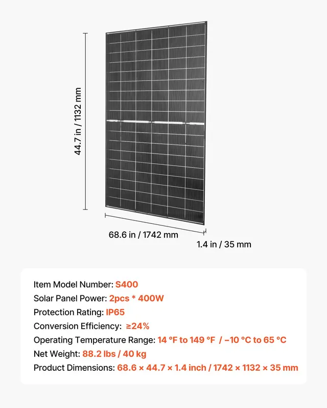 VEVOR 2PCS 400W Bifacial N-Type Monocrystalline Silicon Solar Panels, 16BB 24% Efficiency IP65 Waterproof Flat Rooftop Panels, MC4 Output Aluminum Frame for Car Boat RV 200W & Above Off-Grid Power Generation
