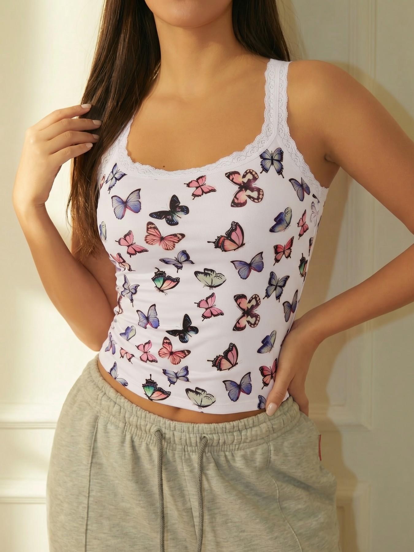 Butterfly Print Ribbed Slim-Fit Cami Top, Lace Trim Square Neck Cropped Tank, Stretchy Skin-Friendly Layering Shirt for Daily Wear & Loungewear