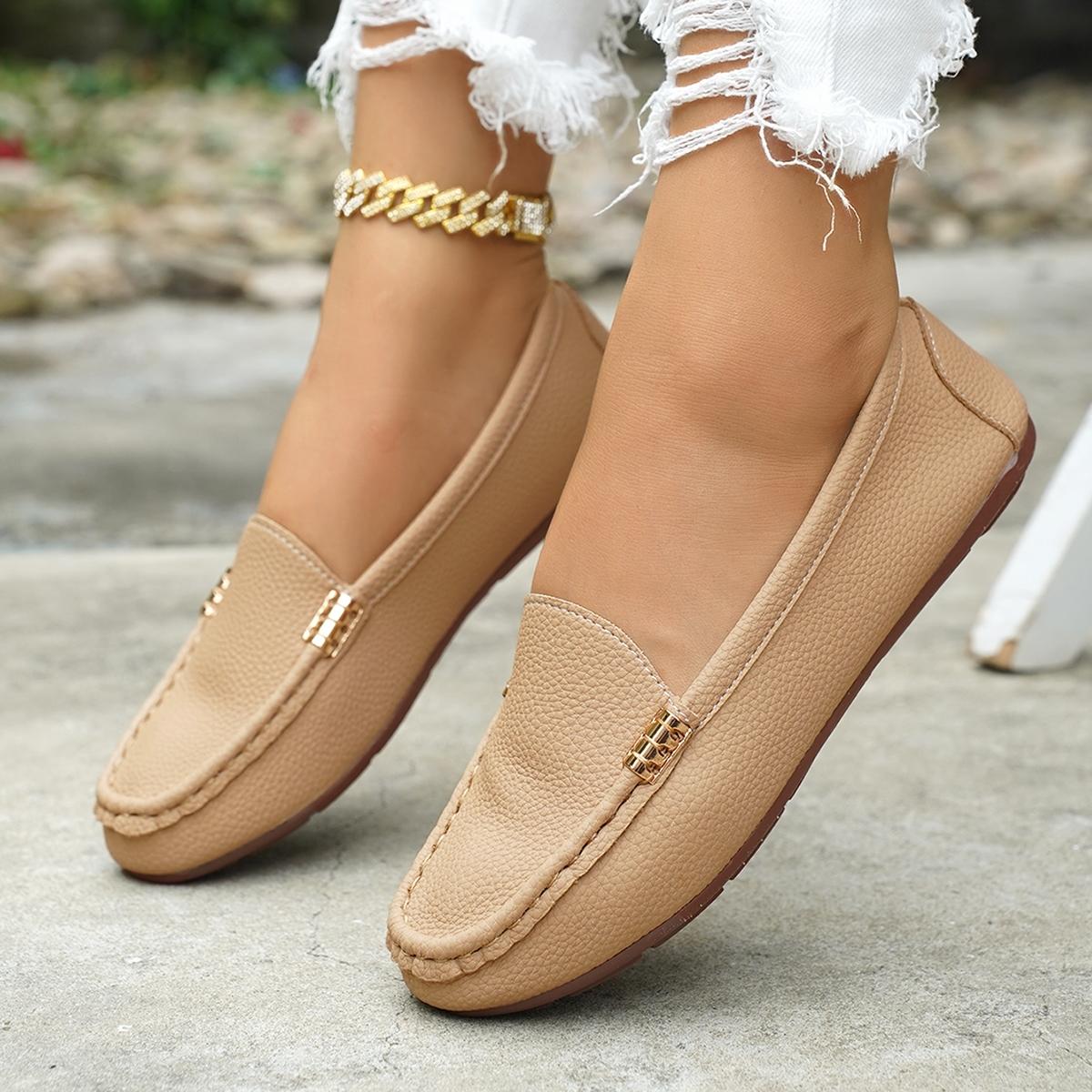 Women's Classic Plain Low Heel Shoes, Fashionable and Sexy, High-End Slant Metal Chain Decoration, Comfortable Casual Loafers, Slip On Shoes